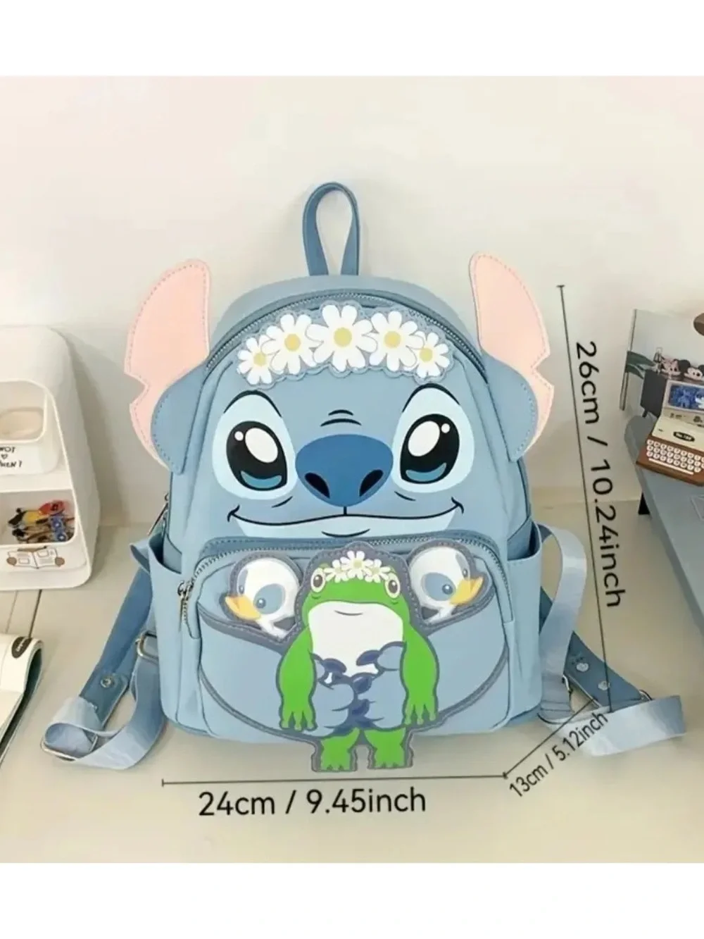 ❌SOLD❌Love Stitch Blue Kids Backpack with Green Frog and Pink Ear Accents